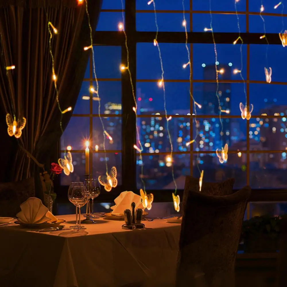 Skup 2x1.5m serce LED zasłona z motylkami lekka sopel kurtyna świetlna ciąg 34 motyl 128 LED świąteczna wróżka świąteczna dekoracje ślubne