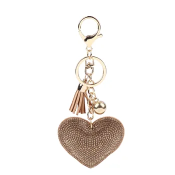 

Love Heart Keychain Charms Long Tassel Golden Chain Bag Car Jewelry Crystal Rhinestone Beads Key Ring Handbag Hanging Pendant