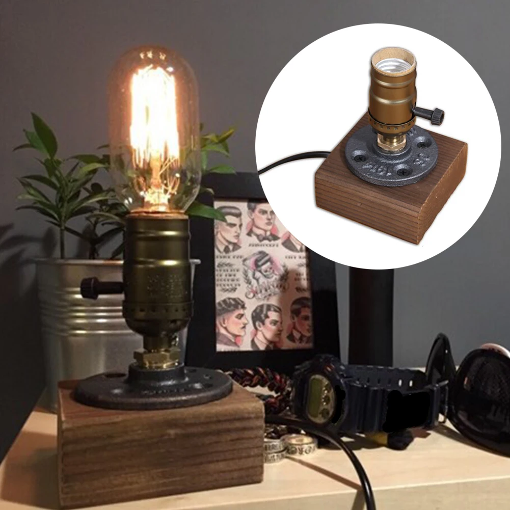 E27 Decoration Night Light Desk Retro Art Display Bedroom Industrial Wooden No Bulb Table Lamp Home