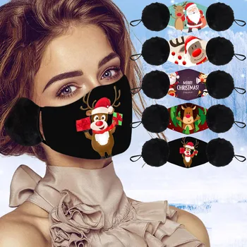 

5pc Christmas Elk Print Mouth Masks With Warm Earmuffs For Protection Washable Mask Winter Warm Plush Earmuffs Face Mask Masque