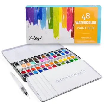 

Professional 48 Color Solid Watercolor Painting Set Contains 5 Watercolor Papers And 1 Water Brush In A Portable Iron Box