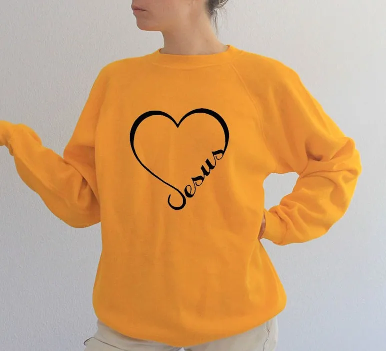 Orange-black text Женская толстовка с надписью «Jesus love heart», религиозная вера, сольган, хлопок, длинный рукав, женские топы с изображением Иисуса, христианский пуловер - Цвет: Orange-black text