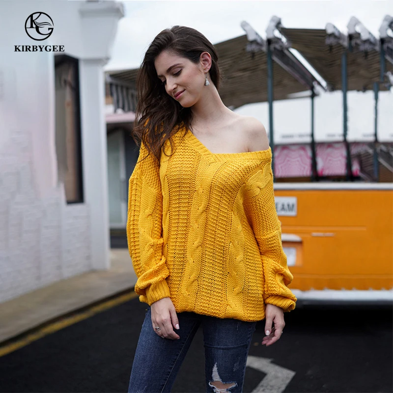 KirbyGee Sexy Deep V Neck Off Shoulder Knitted Yellow Twisted Sweater Woman Plus Size Loose Long Sleeve Pullover Jumpers | Женская