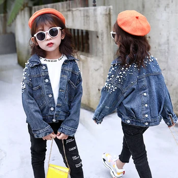 

INS Hot Girls Beaded Denim Coats Full Turn-down Collar Casual Children's Clothing for Girl Spring and Autumn Kids Clothes