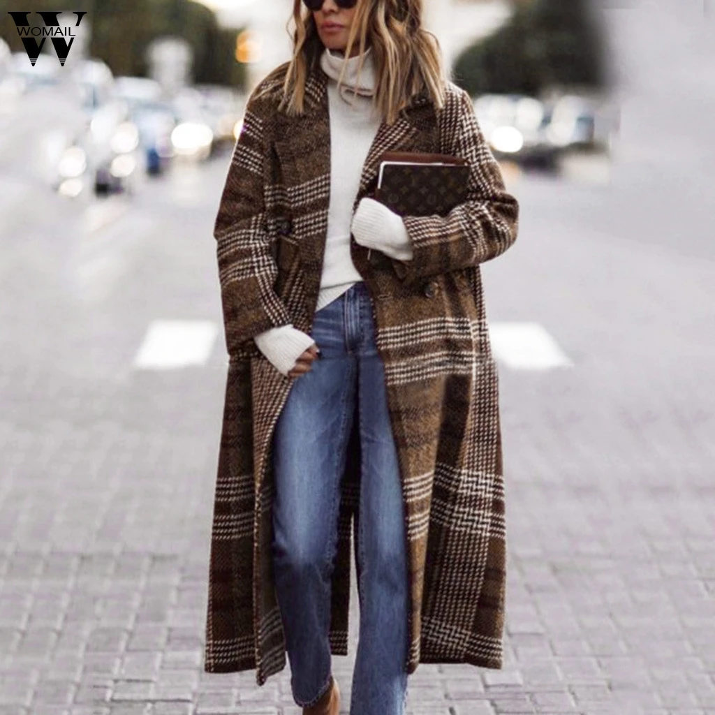 Womail Womens Coats Women Long Sleeve Plaid Button Long Coat Shawl Windbreaker Long coat women Abrigo S-XL