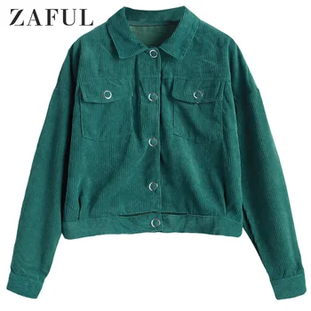 

ZAFUL Corduroy Button Up Flap Pockets Jacket For Women Wide-Waisted Drop Shoulder Shirt Collar Tops Solid Color Autumn Spring