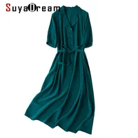 SuyaDream-Vestido largo de seda para mujer, 100% de manga corta con cuello vuelto y fajas, verde, primavera y verano, 2021