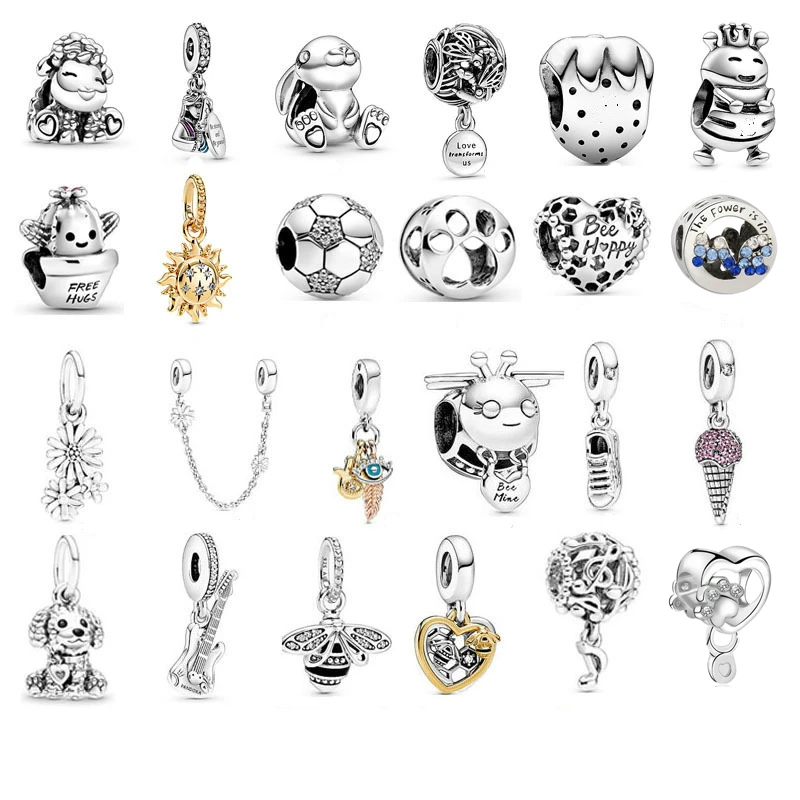 Htevak Silver Color Ice-cream Rabbit Sheep Bee Prickly Pear Bear Claw Flower Big Hole Bead Fit Charm Bracelet Women Men DIY Gift | Украшения