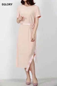 

High Quality New Runway Fashion Dress 2020 Summer Women String Belt Patchwork Short Sleeve Asymmetrical Black Pink Dress