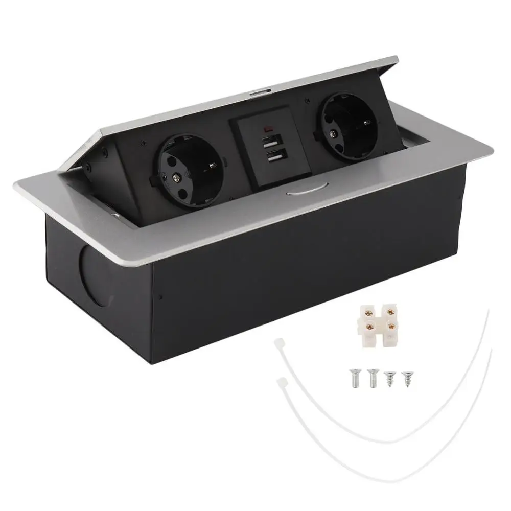 

Practical Silver Round Side Desktop Conference Table Pop-Up Socket 2 Outlets Plug + 2USB Inserts EU Plug