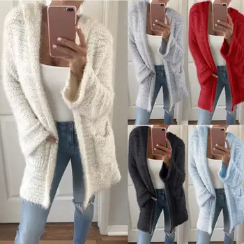 

Women Winter Solid Color Two Pockets Hooded Cardigan Loose Long Knitted Coat Solid color simple in design easy to match gifts