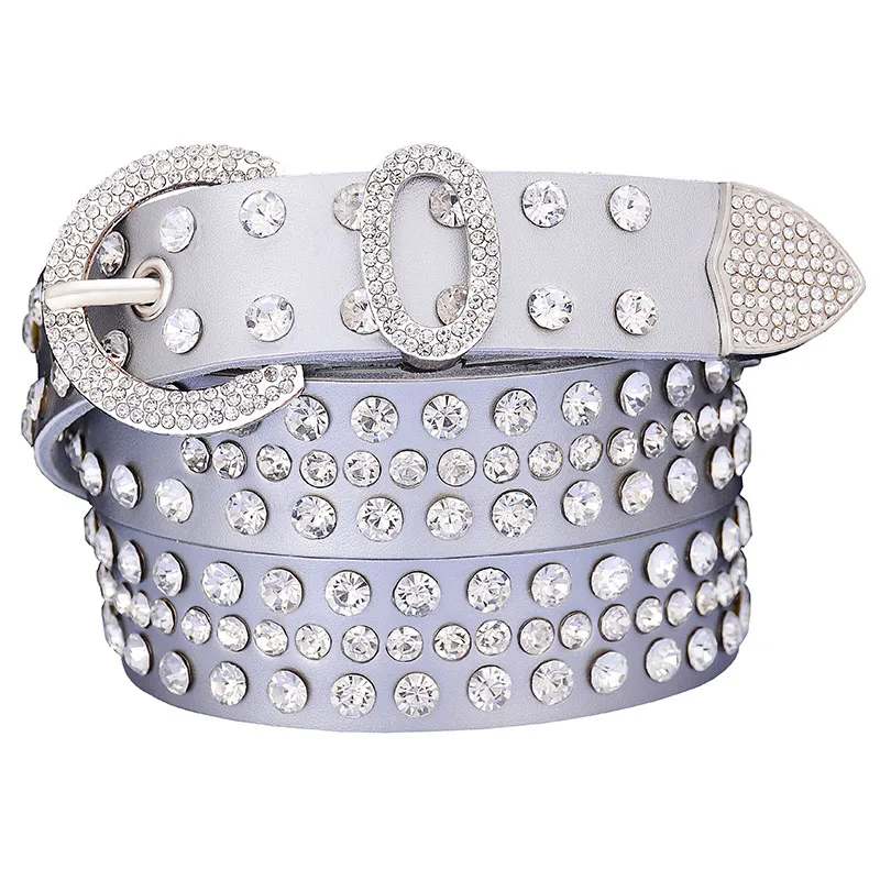Gray Fashion genuine leather rhinestone belts for women Luxury shining silver ring Pin Buckle belt female jeans strap width 2.8 cm - Цвет: Gray