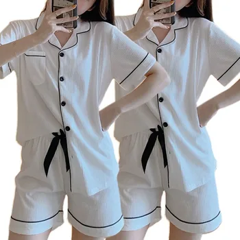 

Women Summer Short Sleeve Pajamas Set Ribbed Knit Notch Lapel Button Down Sleepwear Sweet Bowknot Loose Home Loungewear M-2XL