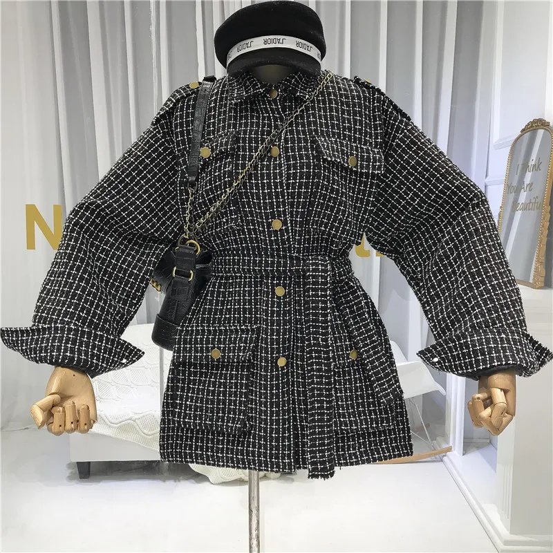 Черный Autumn New Vintage Women's Single-breasted Wool Coat Casual Female Plaid Tweed Woolen Jacket Loose Outwear - Цвет: Черный