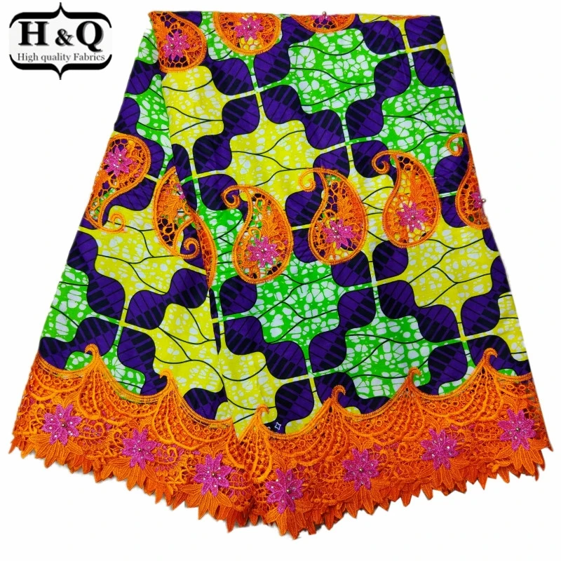 

H&Q beautiful african batik lace 100% cotton wax fabric embroidered with stones and beads nigerian guipure laces fabrics 6 yards