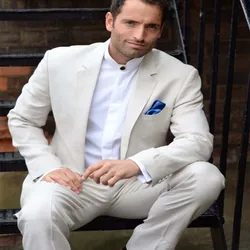 Costume Homme White Mens Suits 2 Piece Beach Groomsmen Wedding Tuxedos For Men Notch Lapel Formal Prom Suit (Jacket+Pants)