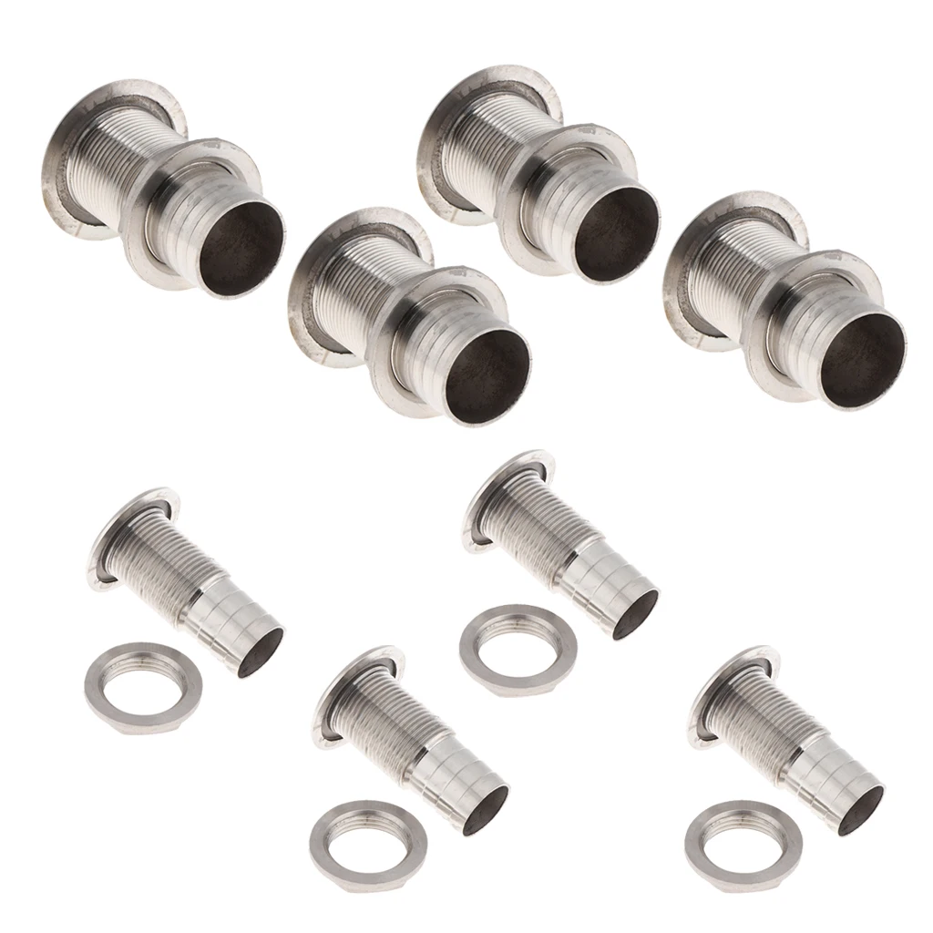 8x Boat Thru Hull Fitting/Drain 1-1/4 inch 1 inch Hose Barb, Marine Grade 316 Stainless Steel