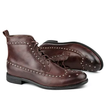 

Retro Mens Cow Vintage Genuine Leather Lace Up Motorcycle Biker Round Toe Male Ankle Boots Low Heel Wing Tip Brogue Shoes