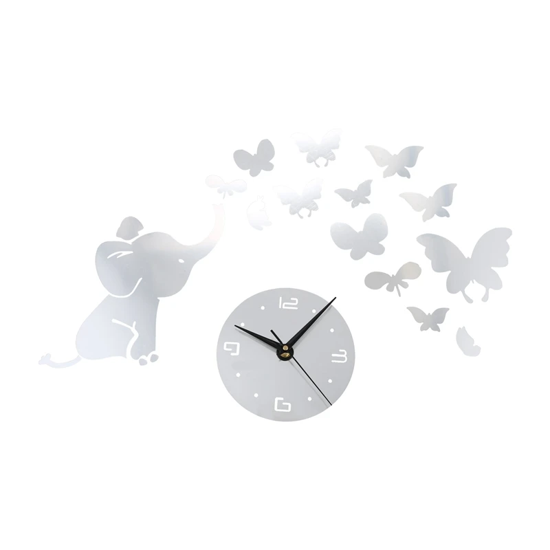 buy 1 Pcs Silver 3D Wall Stickers Clock Butterfly Elephant Petals Pattern Sticker DIY Mirror Clock, for Home Kitchen Office Bedroom