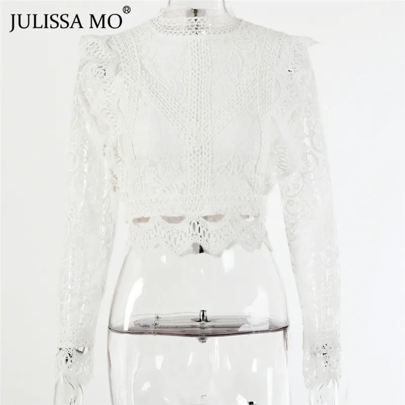 JULISSA MO белые кружевные блузки рубашки женские осенние сексуальные открытые рубашки с длинным рукавом футболки модные милые цветочные вязаные крючком женские топы
