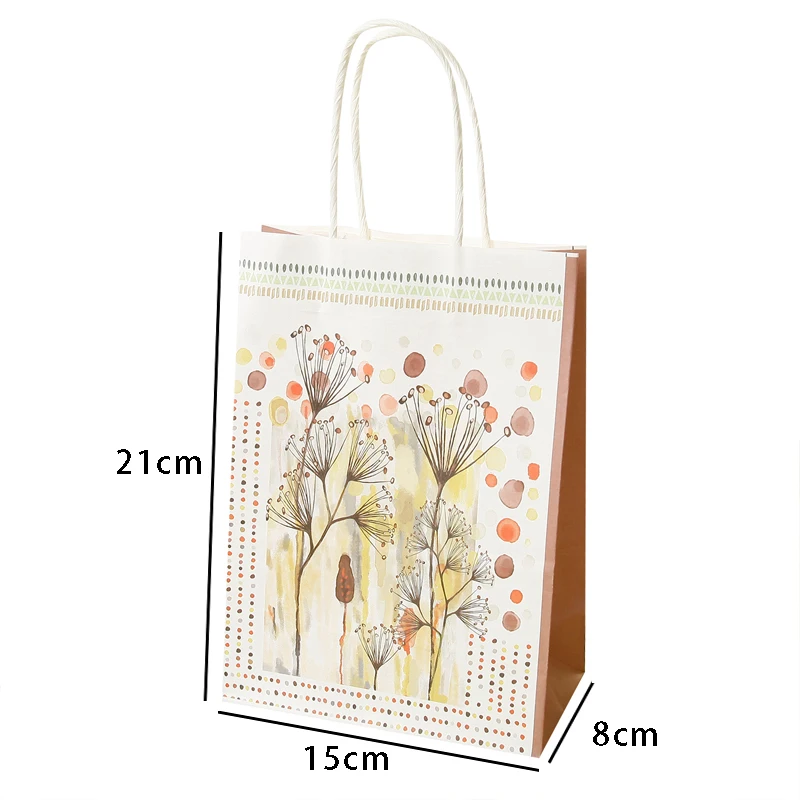10PCS Printed Flower kraft paper bag Watercolor flower gift bag Festival Paper bag with handles wedding birthday party 21x15x8cm