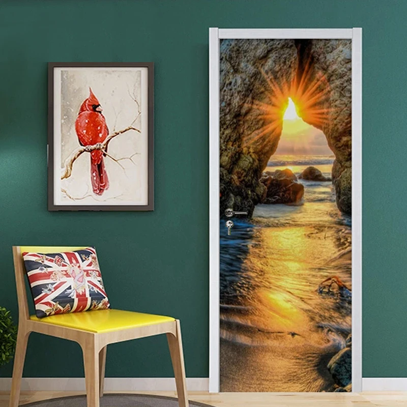 Креативные DIY самоклеющиеся водонепроницаемые дверные обои пляжный закат пейзаж 3D наклейки на двери ПВХ Наклейки на стены Гостиная Спальня