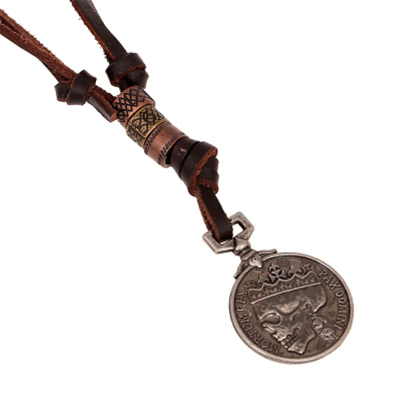 Skull Necklaces Jewelry Men Fashion Round Leather Pendant Retro Gold Coin Vintage Gladiator Style Necklace Unisex New | Украшения и