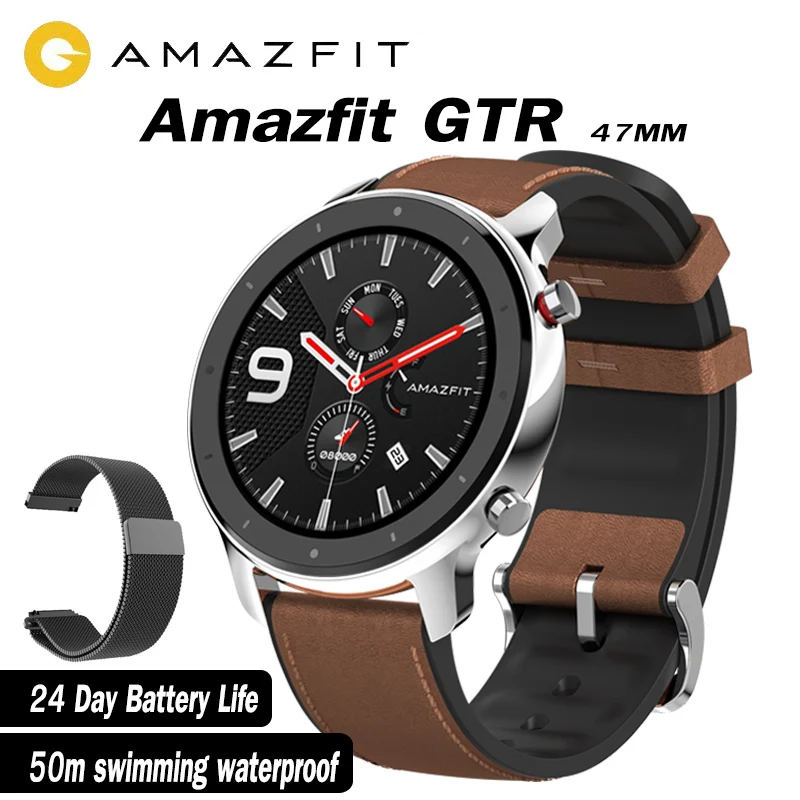 Глобальная версия Amazfit GTR 47 мм Смарт-часы с gps 5ATM Водонепроницаемость 24 дня Срок службы батареи 12 спортивный режим управление музыкой+ ремешок