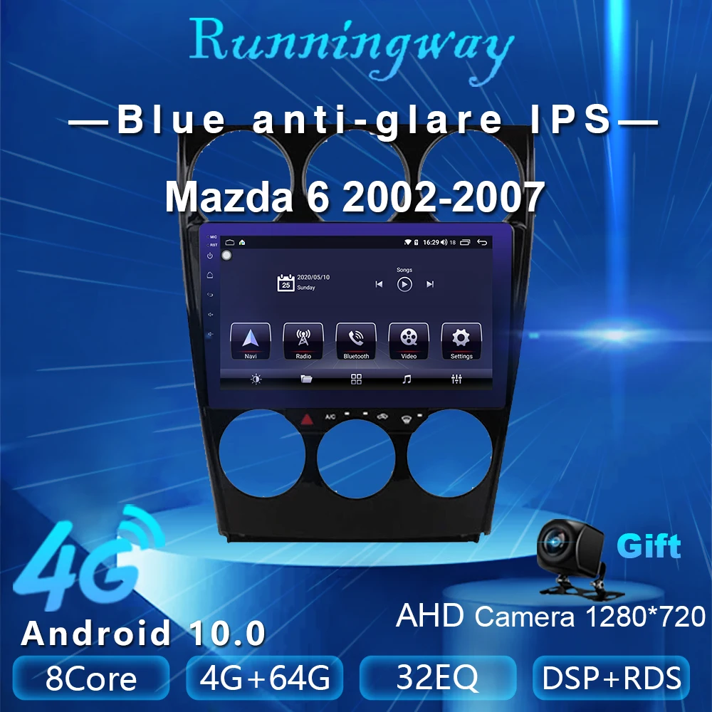 Runningway Android 10 0 автомобильный DVD для Mazda 6 2002 2003 2004 2005 2006 2007 4G + 64G Автомобильный Радио