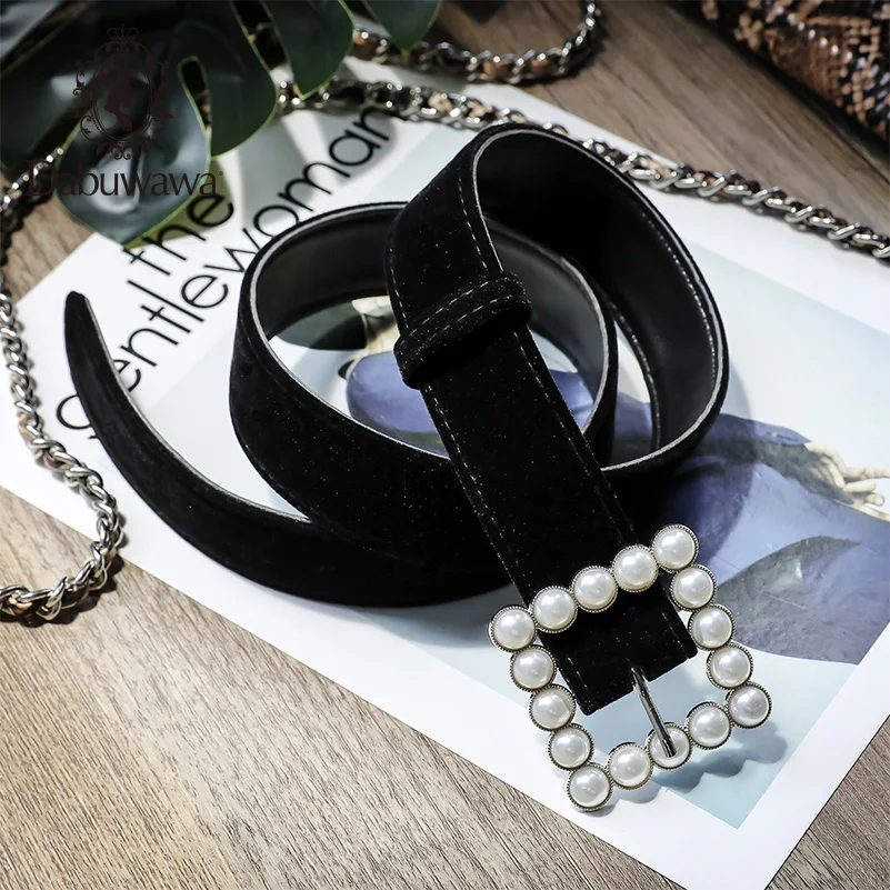 

Dabuwawa Vintage Perl Women Belt Solid Round Shape Buckle Classic Black Waist Belt Casual Metal Leather Female 2019 DN1DBE002