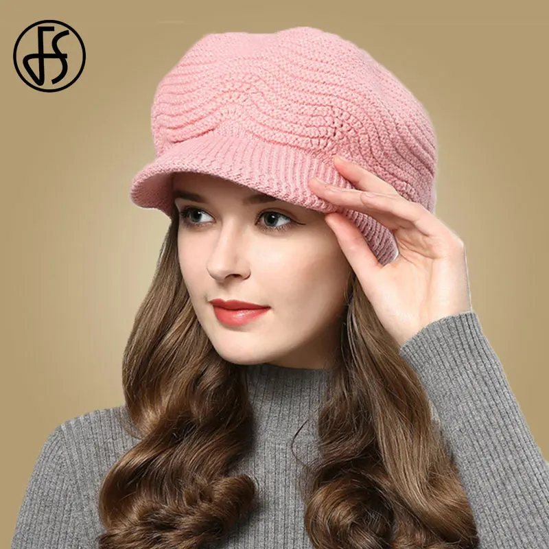 Pink Beanies FS теплые зимние шапки для женщин Skullies Beanies Hand Made Hat Новая Осенняя женская вязаная шапка Фиолетовый Черный Красный Sombrero Mujer - Цвет: Pink Beanies