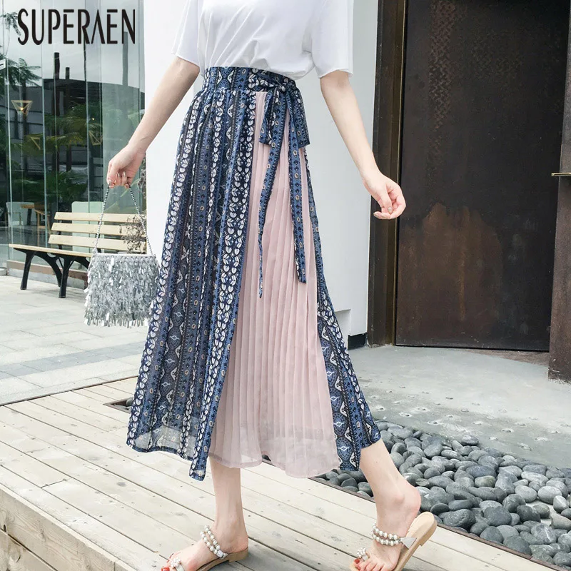 SuperAen корейский стиль модные богемные женские юбки Дикие повседневные Осенние новые женские юбки шифоновая Женская плиссированная юбка с принтом