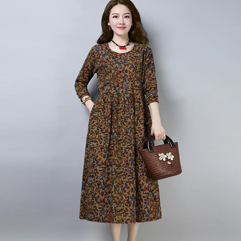 

Spring And Autumn Long-sleeved Dress Mid-length 2018 New Style Autumn WOMEN'S Dress Floral Skirt Loose-Fit Feminine Skirt