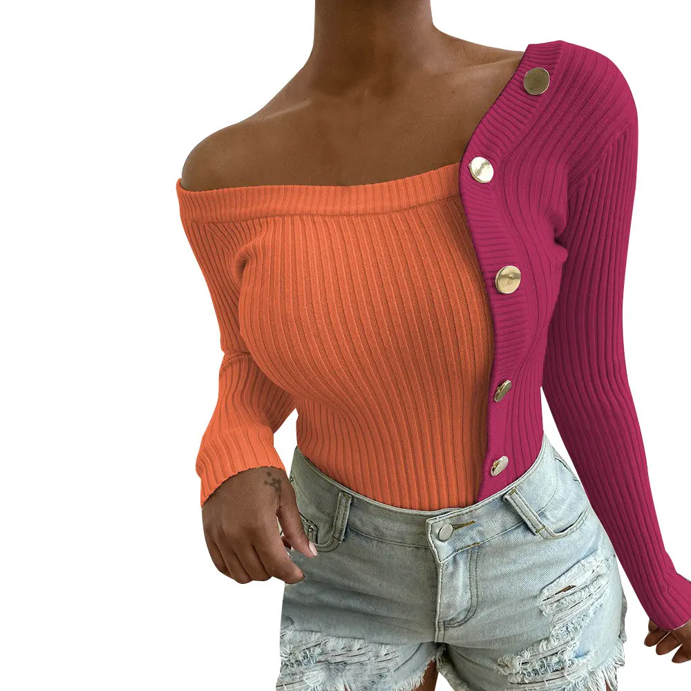 

Fashion Women Winter Sweaters Irregular Button Decor Inclined Collar Long Sleeve Sexy Slim Kintted Tops White Female Pullovers