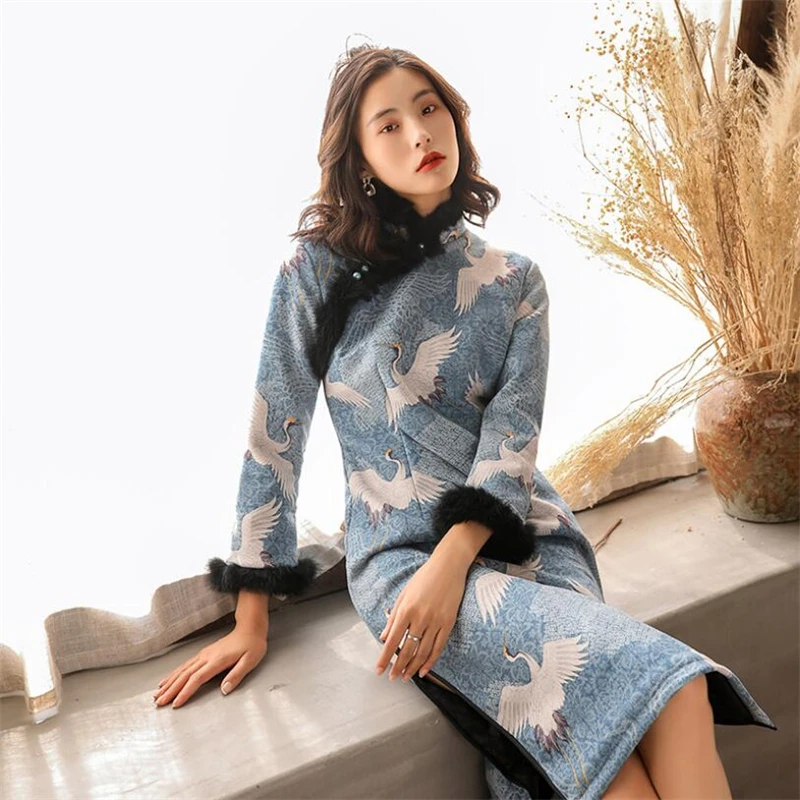 Роскошное зимнее женское платье qipao в стиле ретро теплое толстое Ципао