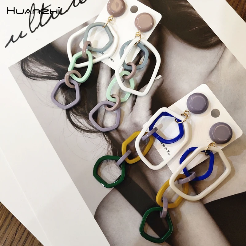 

HUANZHI New 2019 Colourful Acrylic Hollow Geometric Irregular Circle Contrast Color Stud Earrings for Women Girls Party Vacation