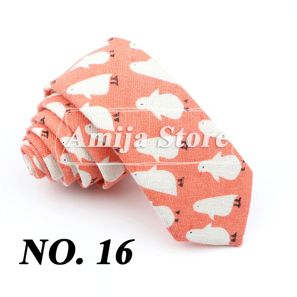 High Quality Cute Linen Cartoon Tie For Men Cat Polar Bear Watermelon Waves Printed Funny Gift Animal Narrow Striped Slim Cravat