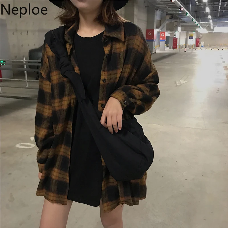 

Neploe Korean Retro Plaid Student Chiffon Shirt Loose Wild Bf Style Polo Collar Blouse Autumn Botton Straight Blusas 45879