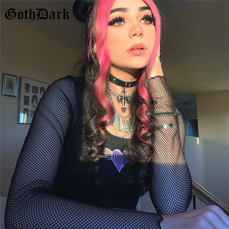 Готические темные винтажные футболки harajuku Egirl в готическом стиле, эмо женские эстетические футболки с длинными рукавами, сетчатые женские футболки с вышивкой в виде сердца, шикарные