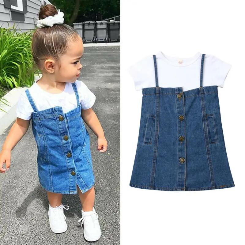 От 1 до 4 лет, летние комплекты одежды для маленьких девочек белые футболки Топы+ Синее джинсовое платье комплекты одежды из 2 предметов