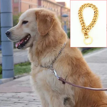 

New 15mm Diameter Pet Dog Choke Chain Choker Collar Gold Plated Necklace Stainless Steel Training Collar 14/16/18/20/22/24/26 In