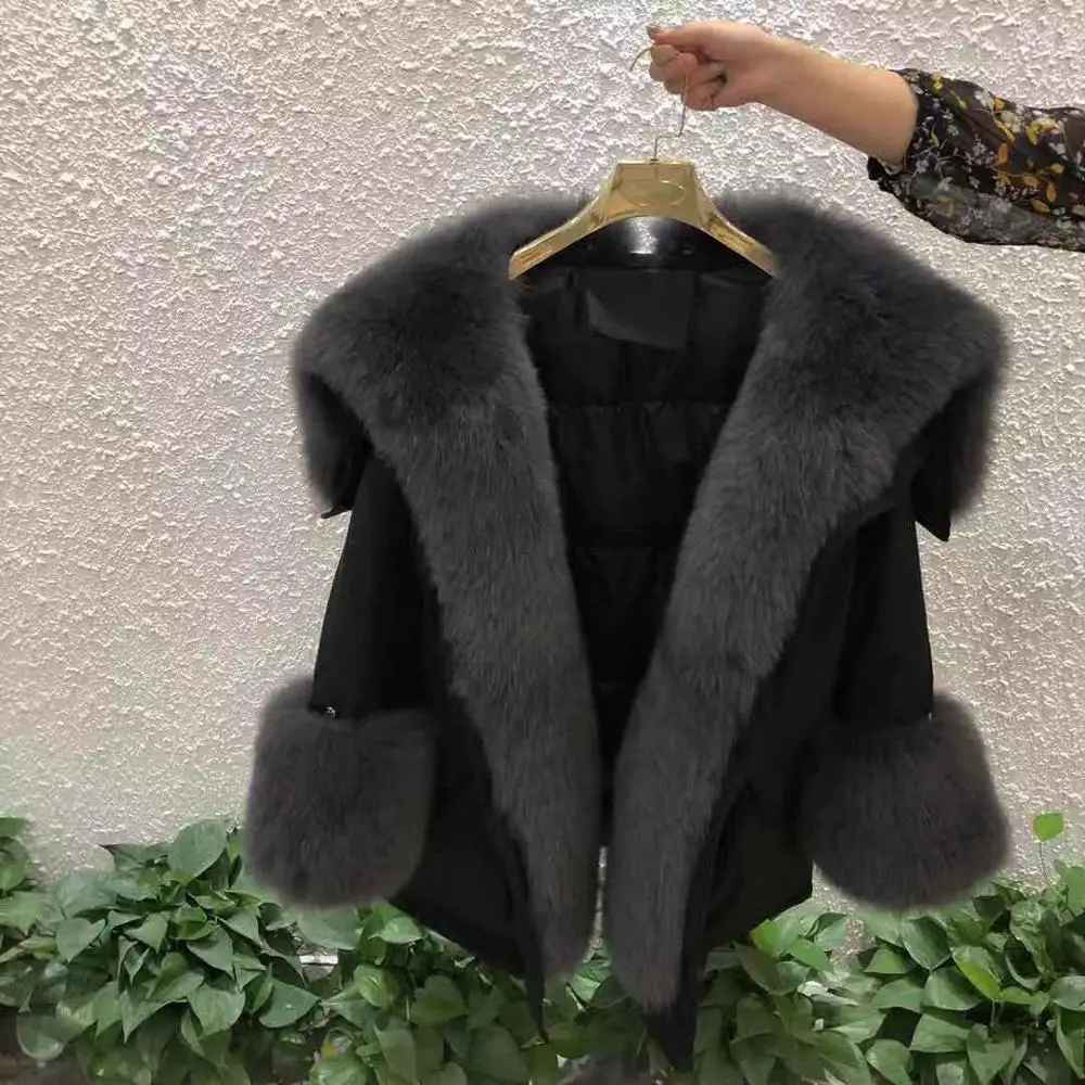 Rf1941 роскошная женская Настоящая меховая парка с подкладкой, съемный высокий уличный супер большой меховой воротник, натуральный мех, пальто, зимняя куртка - Цвет: black with grey