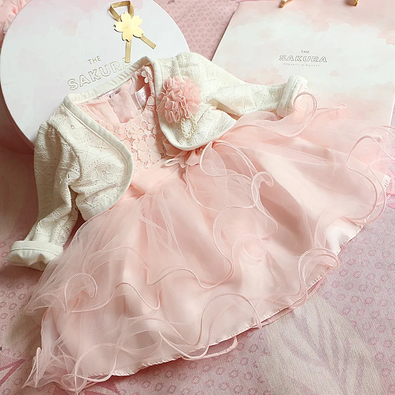 2 шт. для маленьких девочек, платье для крещения официальная одежда; платье принцессы; платье с розовым кружевом Детские платья для крестин, свадьбы, 1-й платье на день рождения, нарядное платья для вечерние