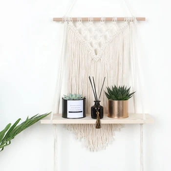 

DIY Handmade Cotton Rope Woven Tapestry Boho Style Plants Display Storage Rack Home Decoration Wall Hanging Decor Wooden Shelf
