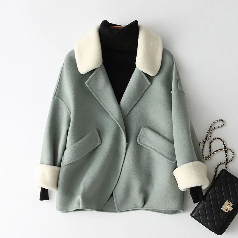 2020 Autumn Winter 100% Coat Women Double Wool Coats Short Loose Female Jacket Lamb Collar casacos 37114 WYQ1168 | Женская одежда
