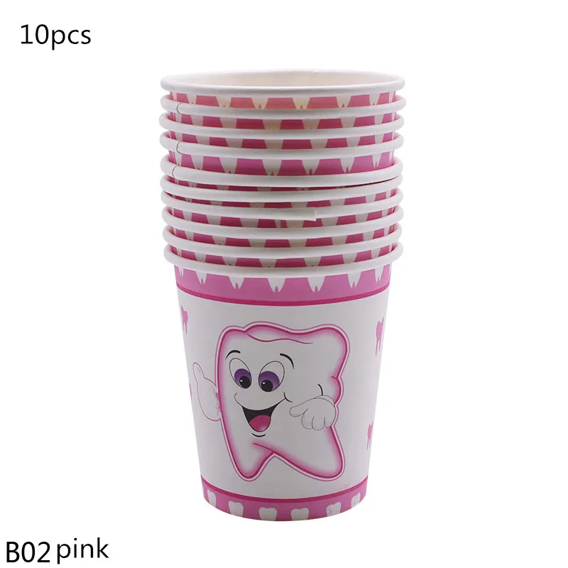 Розовый синий мультфильм одноразовые посуда день рождения тема вечерние мультфильм зуб бумажные тарелки и стаканы баннер скатерть для душа ребенка - Цвет: B02 pink