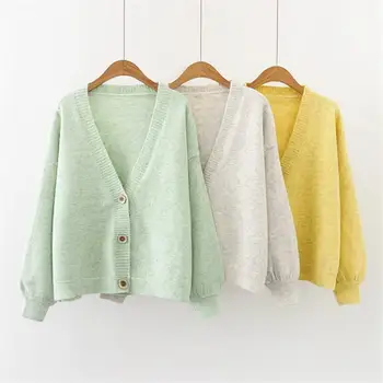 

Women Autumn Single Breasted Sweet Knitted Cardigans Button V-Neck Sweater Coat Loose Lantern Sleeve Solid Sweater