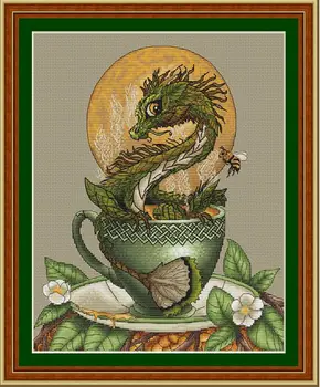

14/22/25ct Beautiful Counted Cross Stitch Kit Teacup Green Dragon and Moon Eastern God Monster