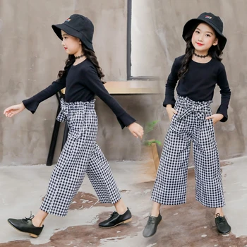

Kids Girls Clothes Sets Long Sleeve T-shirts + Plaid Wide Leg Pants Autumn Children's Clothing Teenage for 2 3 4 5 7 8 Years