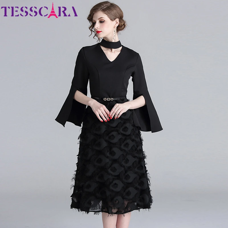 

TESSCARA Women Autumn Elegant Black Dress Festa Female High Quality Vintage Even Parti Vestidos Designer Eleg Party Robe Femme